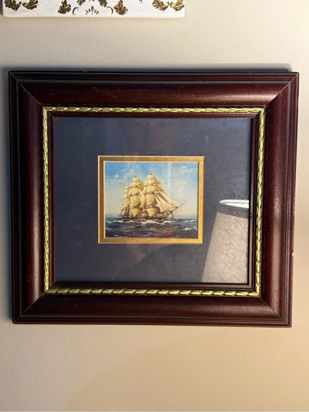 Framed Sailing Ship Wall Art - Brown Frame, Gold Trim